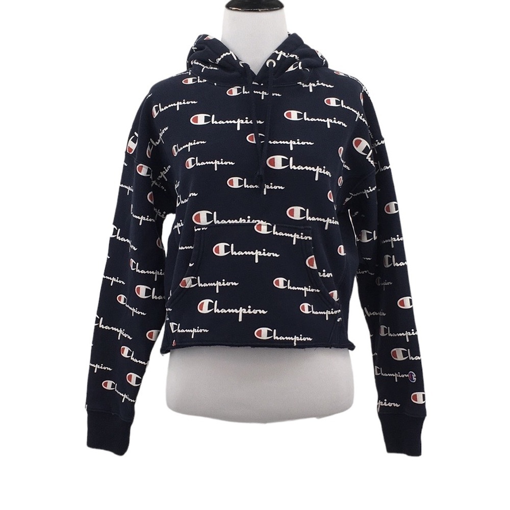 Champion Reverse Weave Logo Graphic Hoodie Womens Small Cotton Pullover Cropped‎